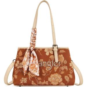 image:imageWrangler Floral Whisper Satchel Bags for Women Vintage Embroidered Purse with Shoulder StrapBrown