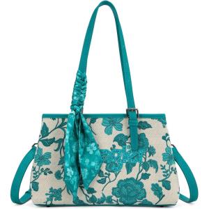 image:imageWrangler Floral Whisper Satchel Bags for Women Vintage Embroidered Purse with Shoulder StrapTurquoise