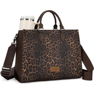 image:imageWrangler Laptop Tote Bag for Women 156 Inch Large Leather Work Bag with Cup Holder Vintage Computer Bags Briefcase HandbagLeopardcoffee