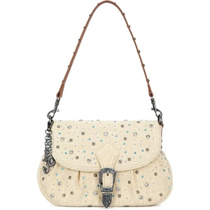 image:imageWrangler Rhinestone Denim Purse Cute Shoulder Bag Womens Crossbody Handbag  with Crossbody Strap Western Buckle Chic Charms Flap amp Zipper Clousure Front Pocket Two Inner PocketsBiege