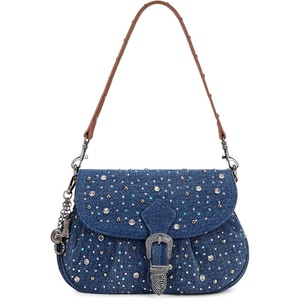 image:imageWrangler Rhinestone Denim Purse Cute Shoulder Bag Womens Crossbody Handbag  with Crossbody Strap Western Buckle Chic Charms Flap amp Zipper Clousure Front Pocket Two Inner PocketsDark Jean