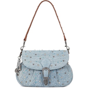 image:imageWrangler Rhinestone Denim Purse Cute Shoulder Bag Womens Crossbody Handbag  with Crossbody Strap Western Buckle Chic Charms Flap amp Zipper Clousure Front Pocket Two Inner PocketsJean