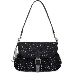 image:imageWrangler Rhinestone Denim Purse Cute Shoulder Bag Womens Crossbody Handbag  with Crossbody Strap Western Buckle Chic Charms Flap amp Zipper Clousure Front Pocket Two Inner PocketsBlack