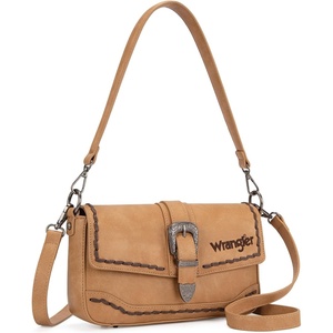 image:imageWrangler Western Shoulder Bag for Women Flap Crossbody Purse with Whipstitch Detail amp FringeVintage Cowgirl HandbagBkhaki