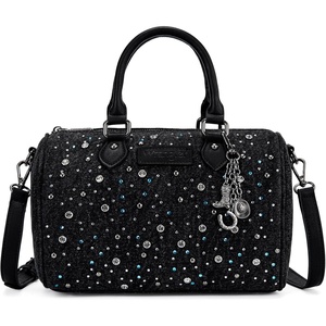 image:imageWrangler Rhinestone Denim Barrel Bag for Women Crossbody Satchel Purse  Bling Rhinestones and Rivets with Detachable Charm Wear as Crossbody Shoulder or Handle for Concerts and Everyday OutingsBlack