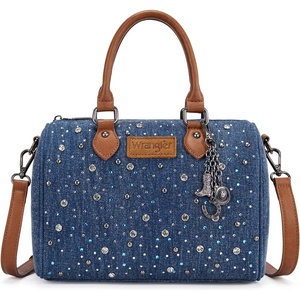 image:imageWrangler Rhinestone Denim Barrel Bag for Women Crossbody Satchel Purse  Bling Rhinestones and Rivets with Detachable Charm Wear as Crossbody Shoulder or Handle for Concerts and Everyday OutingsDark Jean