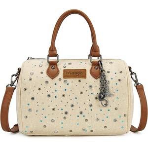 image:imageWrangler Rhinestone Denim Barrel Bag for Women Crossbody Satchel Purse  Bling Rhinestones and Rivets with Detachable Charm Wear as Crossbody Shoulder or Handle for Concerts and Everyday OutingsBiege