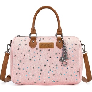 image:imageWrangler Rhinestone Denim Barrel Bag for Women Crossbody Satchel Purse  Bling Rhinestones and Rivets with Detachable Charm Wear as Crossbody Shoulder or Handle for Concerts and Everyday OutingsPink