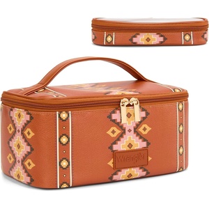 image:imageWrangler Travel Makeup Bag 2pcs Set Cosmetic Bag with Makeup Brush Holder  Portable Make Up OrganizerLarge Toiletry Bag with Divider and Handle for WomenAztecBrown