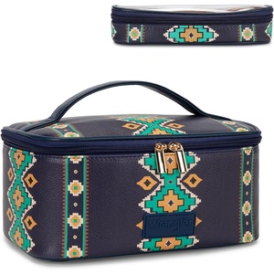 image:imageWrangler Travel Makeup Bag 2pcs Set Cosmetic Bag with Makeup Brush Holder  Portable Make Up OrganizerLarge Toiletry Bag with Divider and Handle for WomenAztecBlue