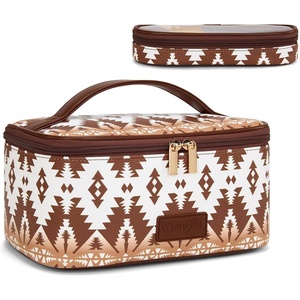 image:imageWrangler Travel Makeup Bag 2pcs Set Cosmetic Bag with Makeup Brush Holder  Portable Make Up OrganizerLarge Toiletry Bag with Divider and Handle for WomenAztecCoffee