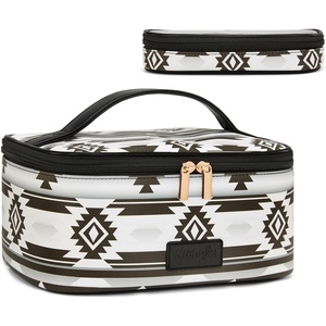 image:imageWrangler Travel Makeup Bag 2pcs Set Cosmetic Bag with Makeup Brush Holder  Portable Make Up OrganizerLarge Toiletry Bag with Divider and Handle for WomenAztecBlack