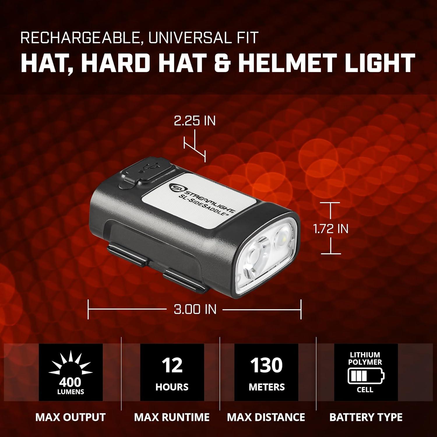 imageStreamlight 61621 SLSidesaddle 400Lumen USB Rechargeable HandsFree Universal Hard Hat Helmet and Headgear LED Light with Mount Kit Rechargeable Battery USBC Cable Black