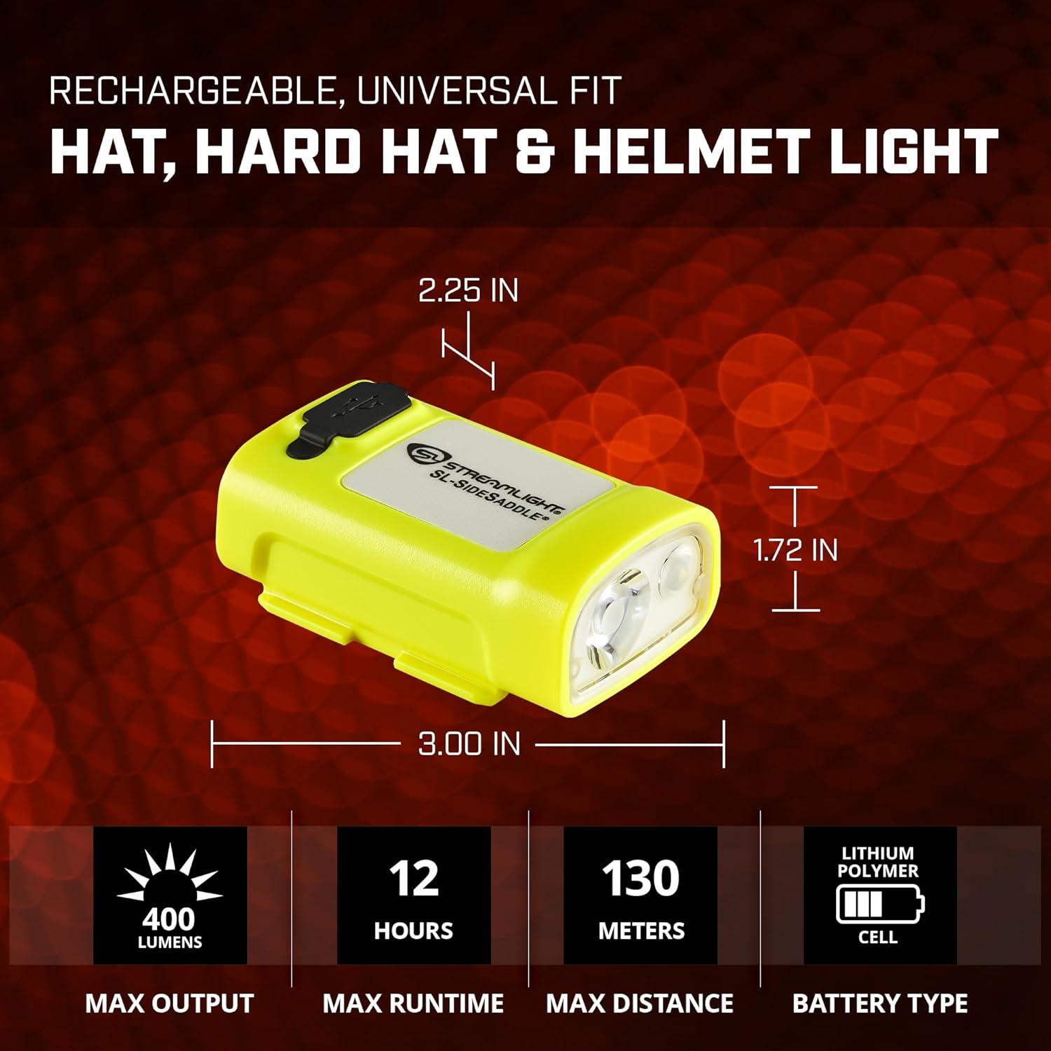 imageStreamlight 61631 SLSidesaddle 400Lumen USB Rechargeable HandsFree Universal Hard Hat Helmet and Headgear LED Light with Mount Kit Rechargeable Battery USBC Cable Yellow