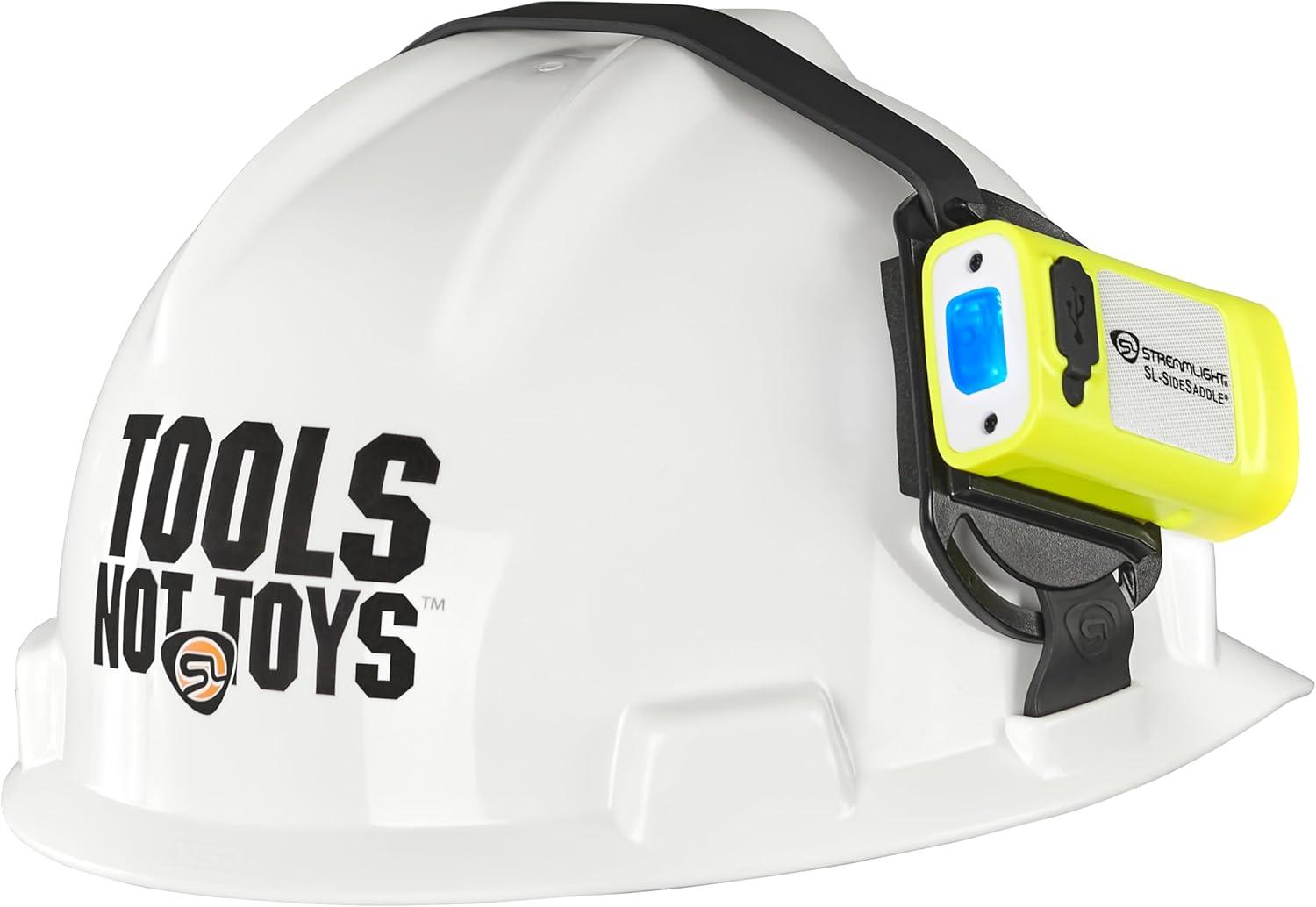 imageStreamlight 61631 SLSidesaddle 400Lumen USB Rechargeable HandsFree Universal Hard Hat Helmet and Headgear LED Light with Mount Kit Rechargeable Battery USBC Cable Yellow