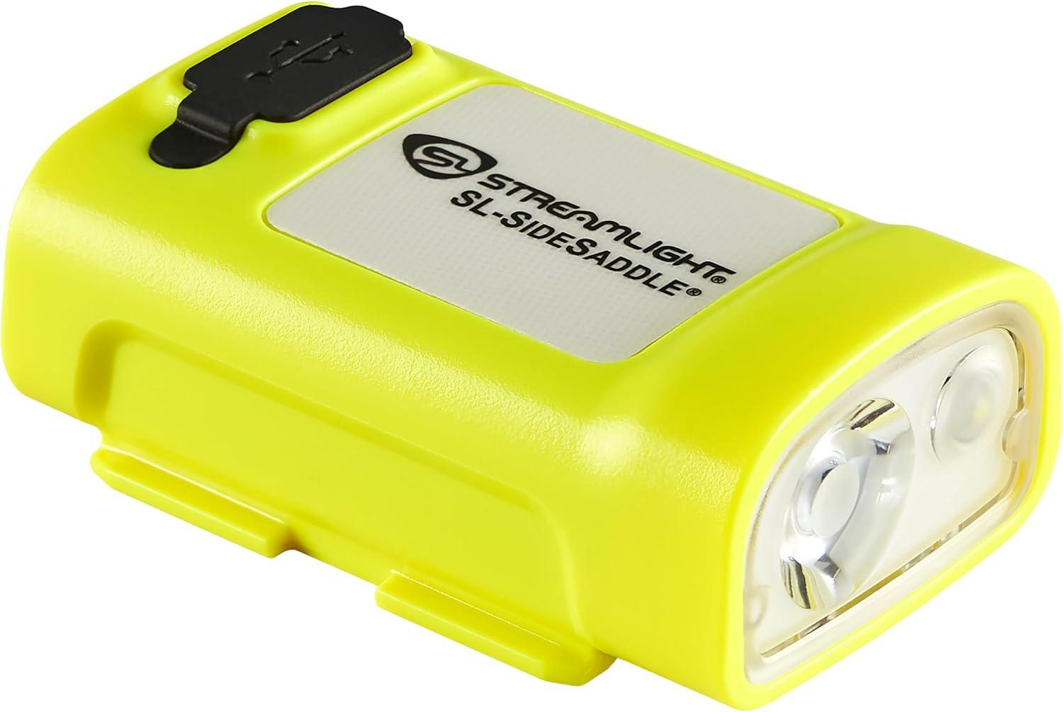 imageStreamlight 61631 SLSidesaddle 400Lumen USB Rechargeable HandsFree Universal Hard Hat Helmet and Headgear LED Light with Mount Kit Rechargeable Battery USBC Cable Yellow