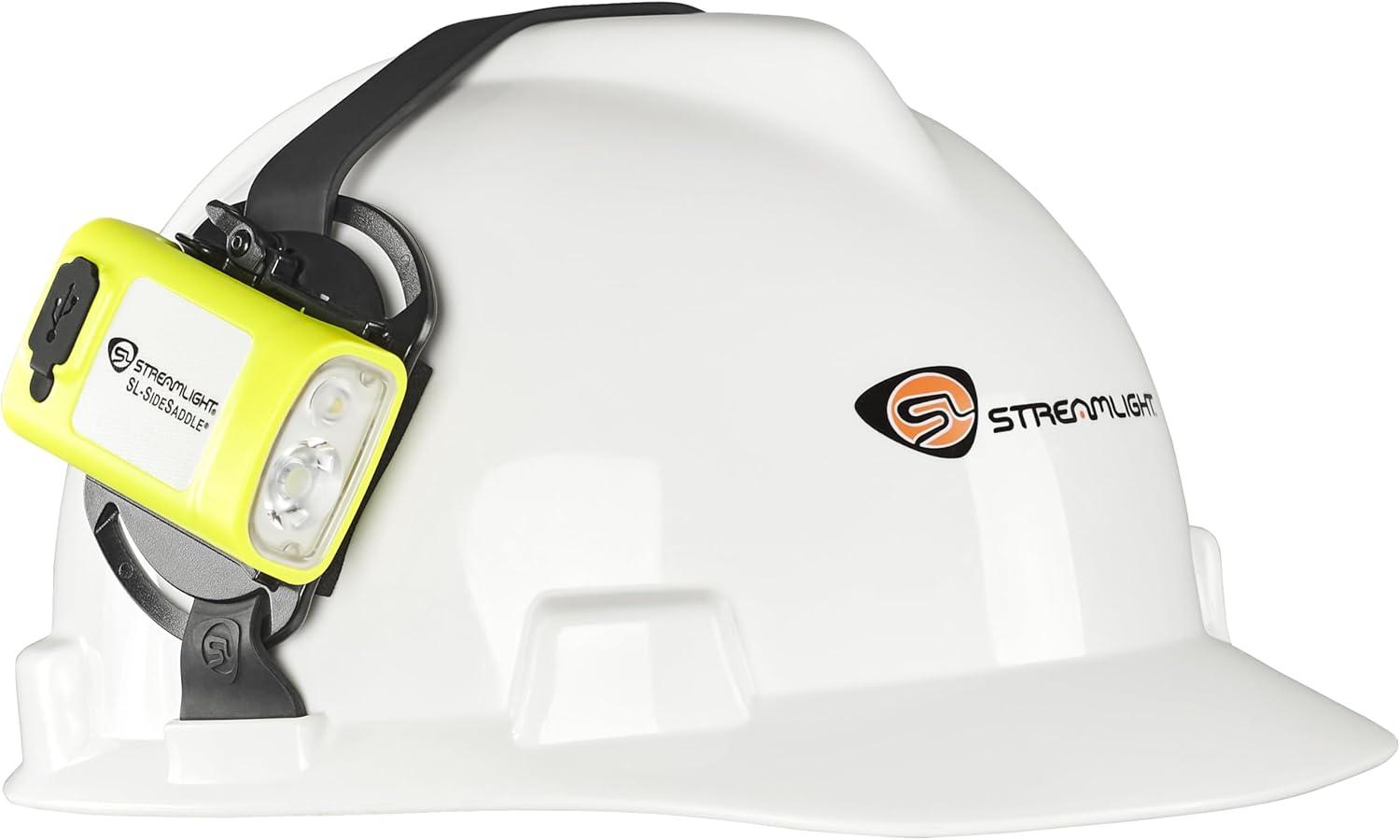 imageStreamlight 61631 SLSidesaddle 400Lumen USB Rechargeable HandsFree Universal Hard Hat Helmet and Headgear LED Light with Mount Kit Rechargeable Battery USBC Cable Yellow