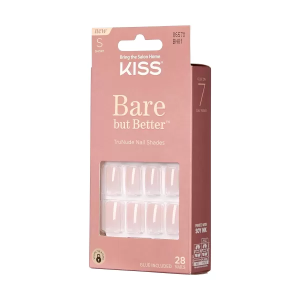 KISS Bare but Better Press On Nails, Nail glue included, Nudies', Nude, Short Size, Squoval Shape, Includes 28 Nails, 2g glue, 1 Manicure Stick, 1 Mini File)