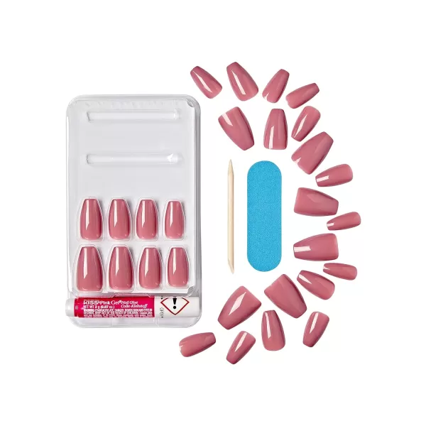 KISS Gel Fantasy Press On Nails, Nail glue included, Countless Times', Pink, Long Size, Coffin Shape, Includes 28 Nails, 2g glue, 1 Manicure Stick, 1 Mini File