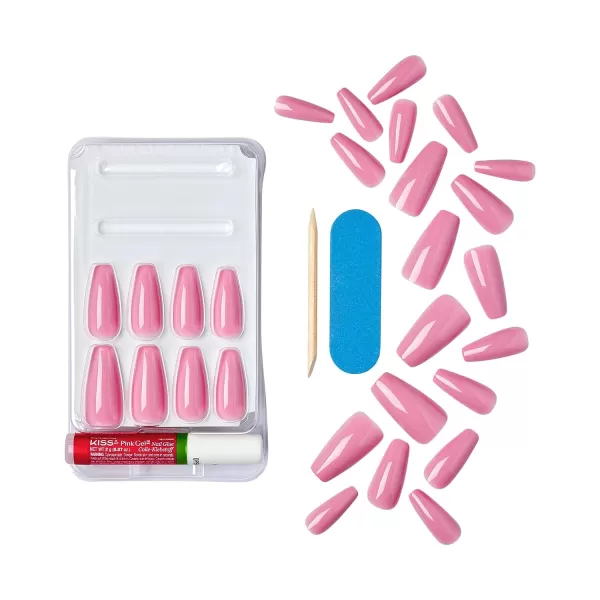 KISS Gel Fantasy Press On Nails, Nail glue included, Countless Times', Pink, Long Size, Coffin Shape, Includes 28 Nails, 2g glue, 1 Manicure Stick, 1 Mini File