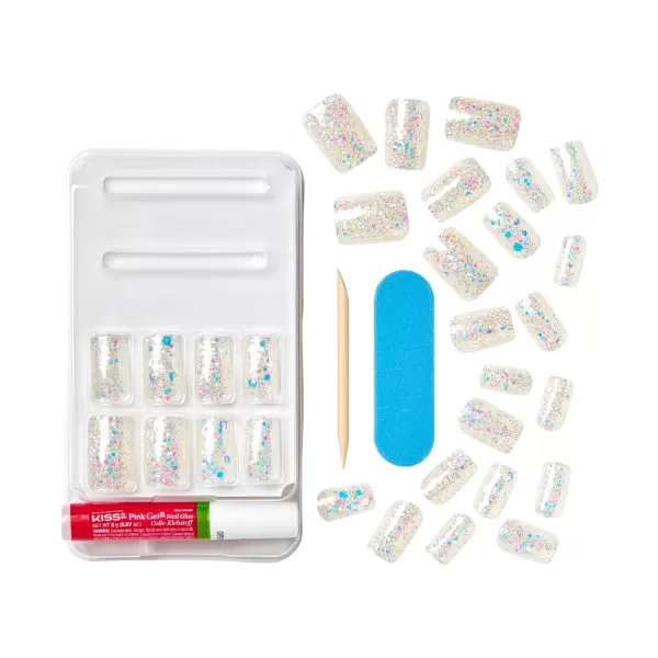 KISS Gel Fantasy Press On Nails, Nail glue included, How Dazzling', Silver, Medium Size, Square Shape, Includes 28 Nails, 2g glue, 1 Manicure Stick, 1 Mini File
