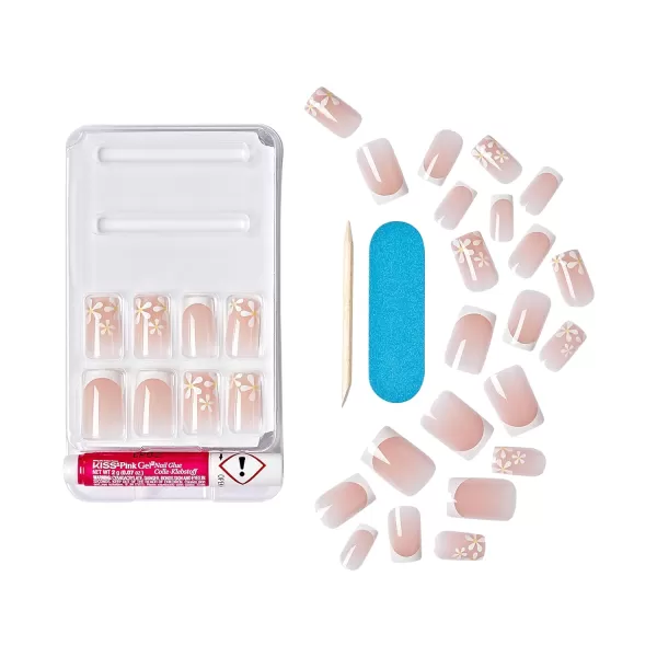 KISS Salon Acrylic French Manicure Set, ‘Leilani’, Medium Length, Nude Square Press-On Nails, Includes Pink Gel Nail Glue 0.07 Oz, Mini Nail File, Manicure Stick, and 28 Fake Nails, 31 Piece Set