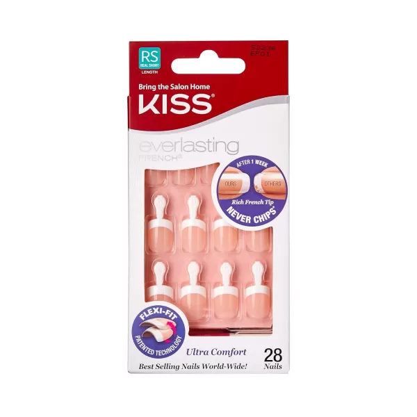Kiss Everlasting French Nail Manicure, Chip-Free with Flexi-Fit Technology, Real Short, "Endless", Nail Kit with Pink Nail Glue , Mini File, Manicure Stick, and 28 Fake Nails