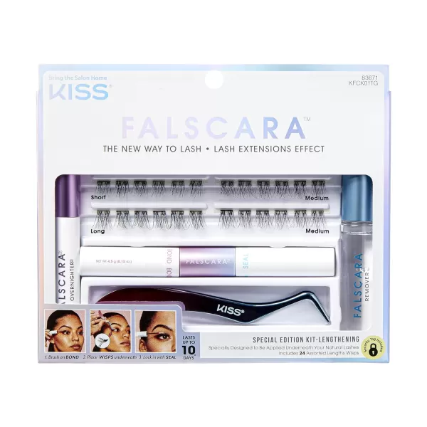 KISS Falscara DIY Lash Extension Starter Kit 10 Reusable Featherlight Eyelash Lengthening Wisps, Applicator, Bond &amp; Seal