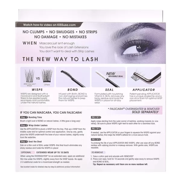 KISS Falscara DIY Lash Extension Starter Kit 10 Reusable Featherlight Eyelash Lengthening Wisps, Applicator, Bond &amp; Seal