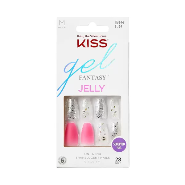 KISS Gel Fantasy Press On Nails, Nail glue included, Fun &amp; Jelly', Pink, Medium Size, Coffin Shape, Includes 28 Nails, 2g glue, 1 Manicure Stick, 1 Mini File