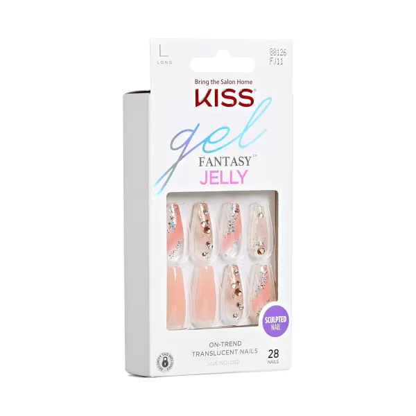 KISS Gel Fantasy Press On Nails, Nail glue included, Fun &amp; Jelly', Pink, Medium Size, Coffin Shape, Includes 28 Nails, 2g glue, 1 Manicure Stick, 1 Mini File