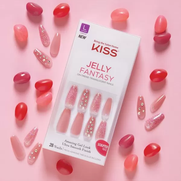 KISS Gel Fantasy Press On Nails, Nail glue included, Fun &amp; Jelly', Pink, Medium Size, Coffin Shape, Includes 28 Nails, 2g glue, 1 Manicure Stick, 1 Mini File