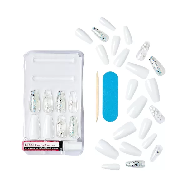 KISS Gel Fantasy Press On Nails, Nail glue included, Fun &amp; Jelly', Pink, Medium Size, Coffin Shape, Includes 28 Nails, 2g glue, 1 Manicure Stick, 1 Mini File