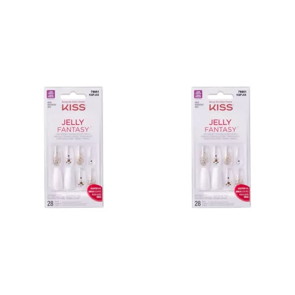 KISS Gel Fantasy Press On Nails, Nail glue included, Fun &amp; Jelly', Pink, Medium Size, Coffin Shape, Includes 28 Nails, 2g glue, 1 Manicure Stick, 1 Mini File
