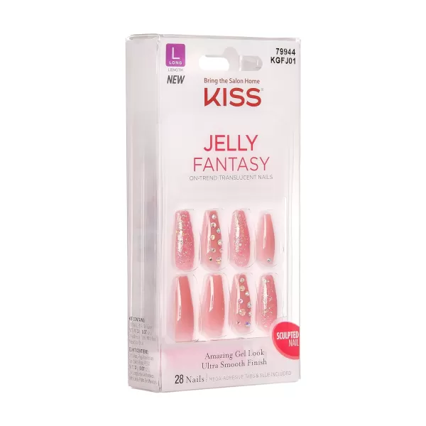 KISS Gel Fantasy Press On Nails, Nail glue included, Fun &amp; Jelly', Pink, Medium Size, Coffin Shape, Includes 28 Nails, 2g glue, 1 Manicure Stick, 1 Mini File