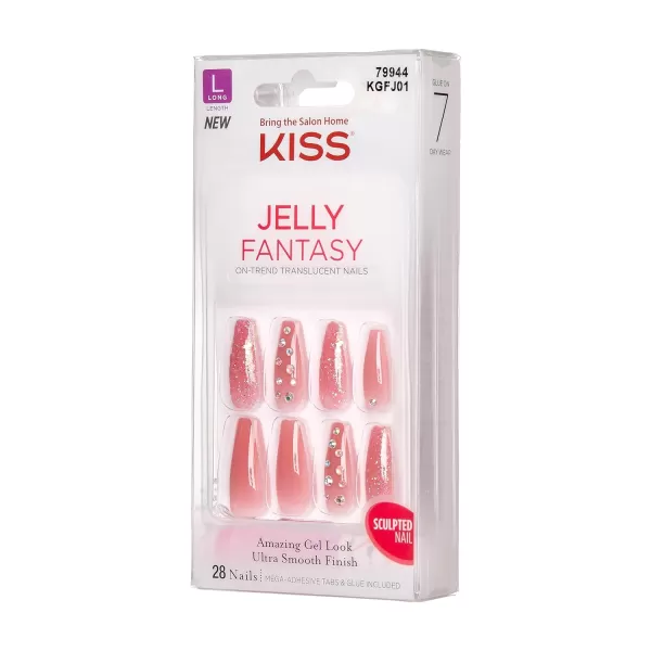 KISS Gel Fantasy Press On Nails, Nail glue included, Fun &amp; Jelly', Pink, Medium Size, Coffin Shape, Includes 28 Nails, 2g glue, 1 Manicure Stick, 1 Mini File