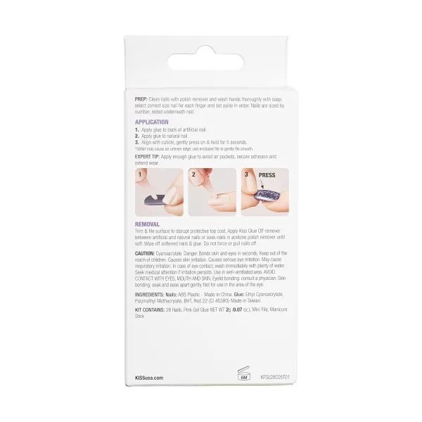 KISS Gel Fantasy Press On Nails, Nail glue included, Ribbons', Pink, Short Size, Squoval Shape, Includes 28 Nails, 2g glue, 1 Manicure Stick, 1 Mini File