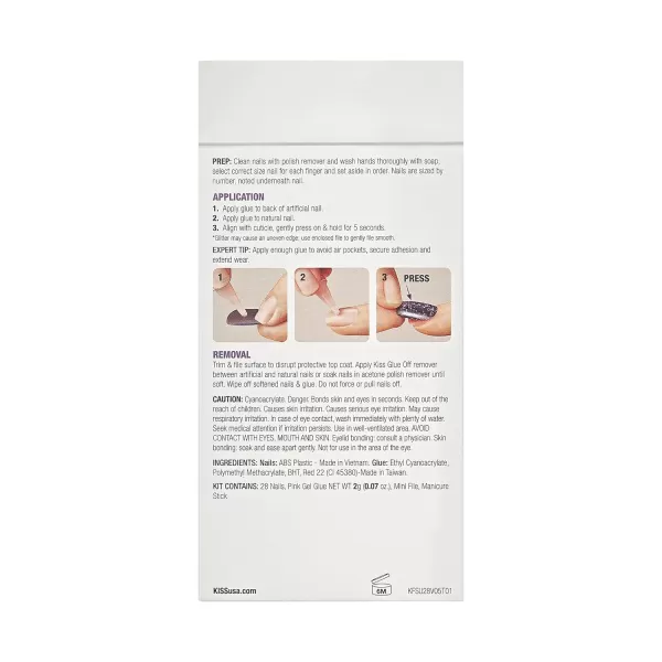 KISS Gel Fantasy Press On Nails, Nail glue included, Ribbons', Pink, Short Size, Squoval Shape, Includes 28 Nails, 2g glue, 1 Manicure Stick, 1 Mini File