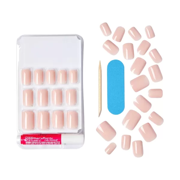 KISS Gel Fantasy Press On Nails, Nail glue included, Ribbons', Pink, Short Size, Squoval Shape, Includes 28 Nails, 2g glue, 1 Manicure Stick, 1 Mini File