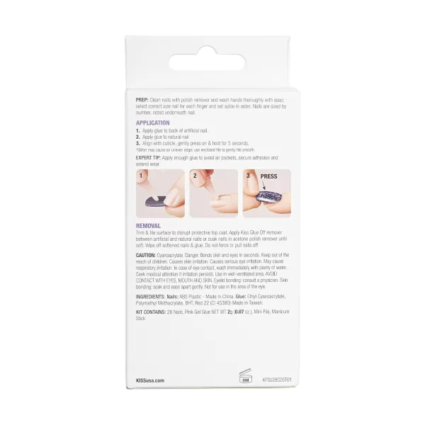 KISS Gel Fantasy Press On Nails, Nail glue included, Ribbons', Pink, Short Size, Squoval Shape, Includes 28 Nails, 2g glue, 1 Manicure Stick, 1 Mini File