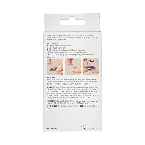 KISS Gel Fantasy Press On Nails, Nail glue included, Ribbons', Pink, Short Size, Squoval Shape, Includes 28 Nails, 2g glue, 1 Manicure Stick, 1 Mini File