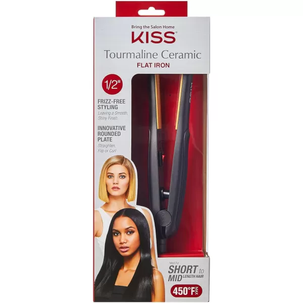 KISS Tourmaline Ceramic Flat Iron Hair Straightener &amp; Styling Tool, 1/2" Thick Extra Long Rounded Curved Plates, 30 Second Heat Up, 450° F Max Temperature, Black
