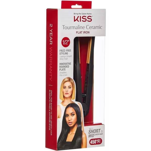 KISS Tourmaline Ceramic Flat Iron Hair Straightener &amp; Styling Tool, 1/2" Thick Extra Long Rounded Curved Plates, 30 Second Heat Up, 450° F Max Temperature, Black