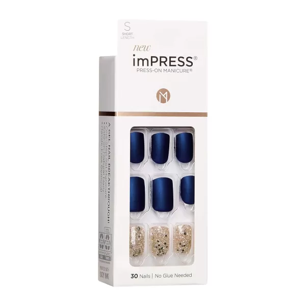 KISS imPRESS No Glue Mani Press On Nails, Design, 'Before Sunset', Multicolor, Short Size, Squoval Shape, Includes 30 Nails, Prep Pad, Instructions Sheet, 1 Manicure Stick, 1 Mini File