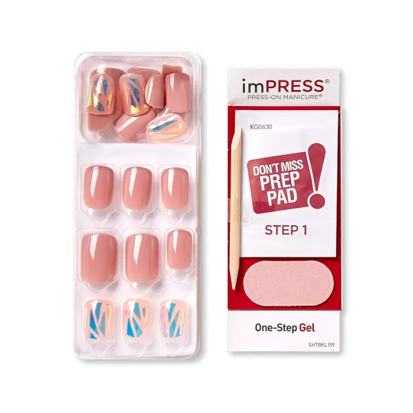 KISS imPRESS No Glue Mani Press On Nails, Design, 'Before Sunset', Multicolor, Short Size, Squoval Shape, Includes 30 Nails, Prep Pad, Instructions Sheet, 1 Manicure Stick, 1 Mini File