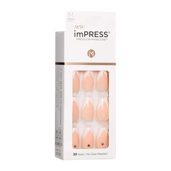 imPRESS KISS Press-On Manicure, Nail Kit, PureFit Technology, Medium Length Press-On Nails, So French', Includes Prep Pad, Mini Nail File, Cuticle Stick, and 30 Fake Nails