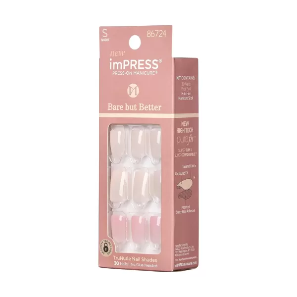 imPRESS KISS Press-On Manicure, Nail Kit, PureFit Technology, Medium Length Press-On Nails, So French', Includes Prep Pad, Mini Nail File, Cuticle Stick, and 30 Fake Nails