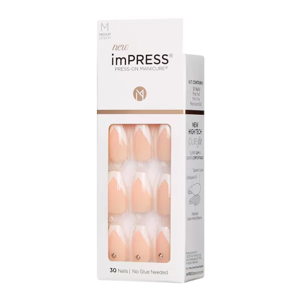 imPRESS KISS Press-On Manicure, Nail Kit, PureFit Technology, Medium Length Press-On Nails, So French', Includes Prep Pad, Mini Nail File, Cuticle Stick, and 30 Fake Nails