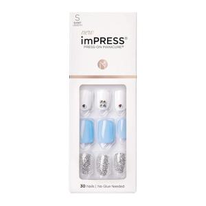 imageKISS imPRESS No Glue Mani Press On Nails Design Eternity Medium Blue Short Size Squoval Shape Includes 30 Nails Prep Pad Instructions Sheet 1 Manicure Stick 1 Mini FileWhite  Blue  Silver