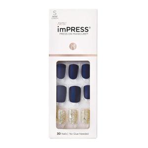 imageKISS imPRESS No Glue Mani Press On Nails Design Eternity Medium Blue Short Size Squoval Shape Includes 30 Nails Prep Pad Instructions Sheet 1 Manicure Stick 1 Mini FileBlue and Gold